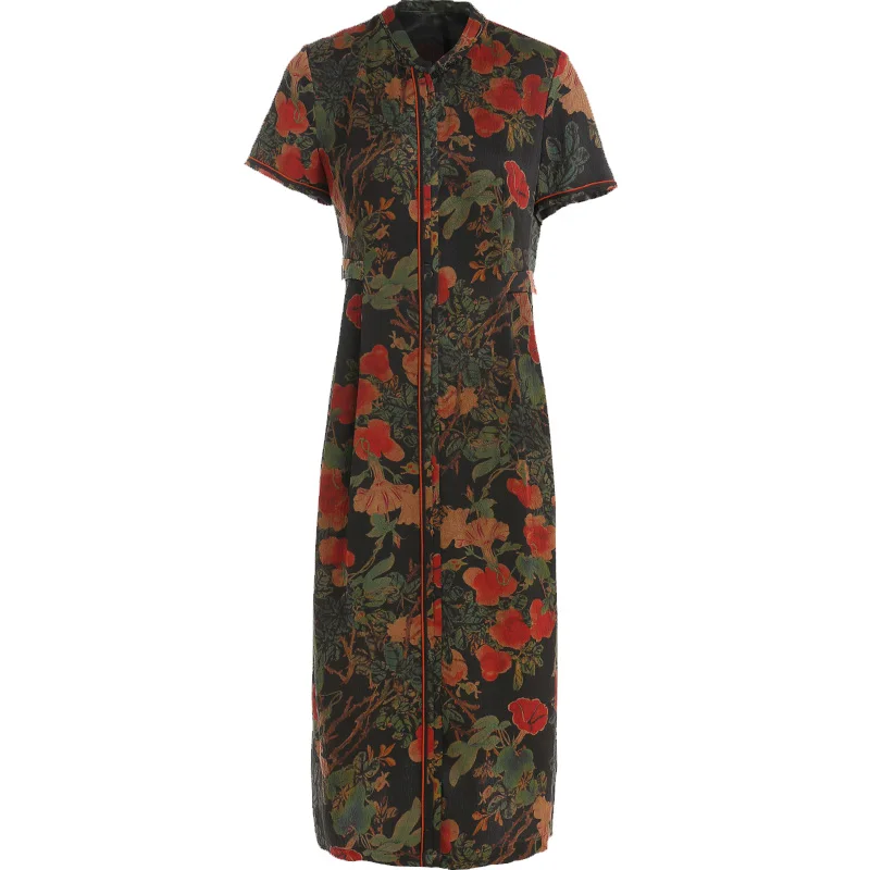 

Gowani Modern Cheongsam Flower Printed Short Sleeve Chinese Silk Dress Oriental Style Elegant Qipao