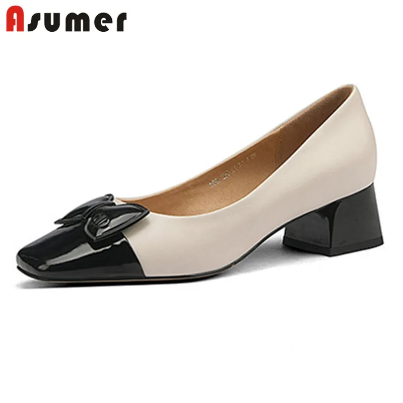 

Asumer 2022 New Arrive Pumps Women Genuine Leather Shoes Mixed Colors Bowknot Single Shoes Square Toe Spring Party Shoes Woman