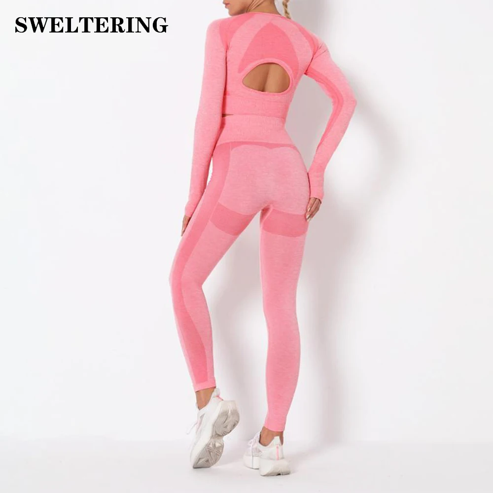 Женский комплект для йоги с топом длинным рукавом и высокой талией бесшовные