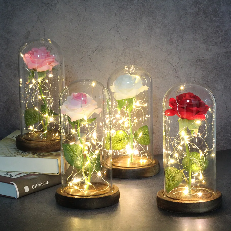 

Artificial Eternal Rose Beauty And Beast Rose In Glass Cover LED Night Light For Home Decor Mother Valentines Day New Yea Gift