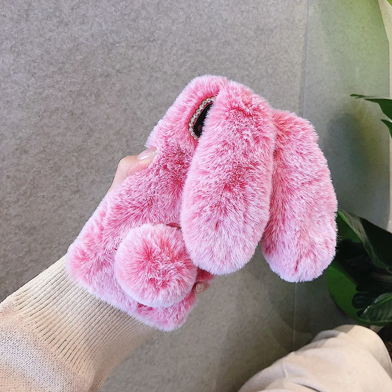 Fur Plush Cute Warm Rabbit Ears Phone Case For OPPO Realme X7 XT X2 Pro C25 C21 C15 C12 C11 C3 Reno 5F 4Z A5 A9 A31 A53 A15 A54