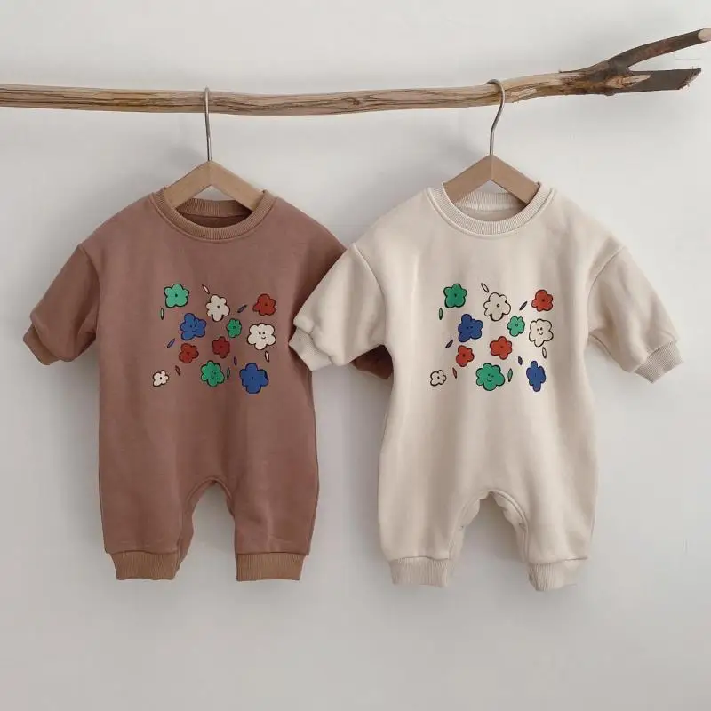 

2020 Winter New Baby Girl Thicken Rompers Flower Printed Cotton Full Sleeve Cotton Baby Boy Jumpsuit 6M-24M Baby Fleece Clothes