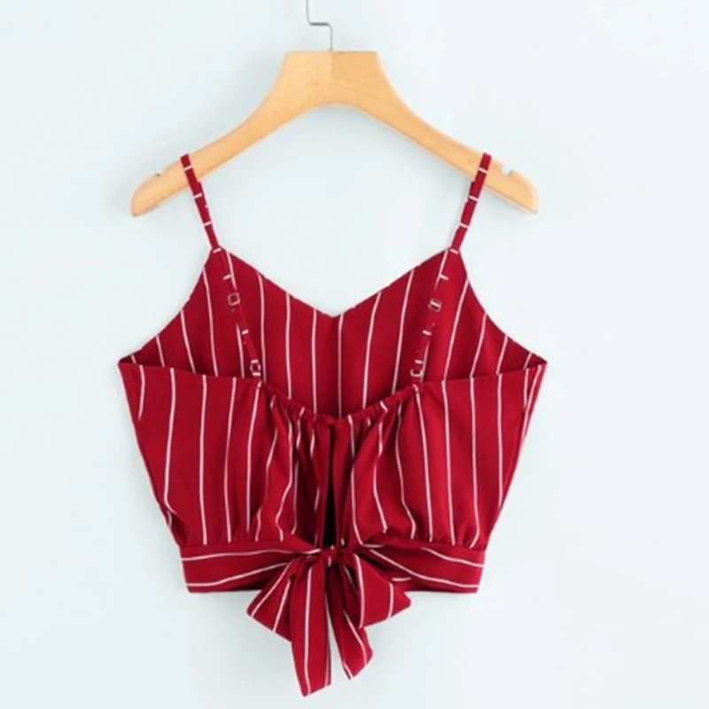 

Sexy Women Crop Tops Striped Tie Back Cami Casual Spaghetti Strap Print Bow Vest Knot Cropped Tank Tops Vest Cropped Feminino