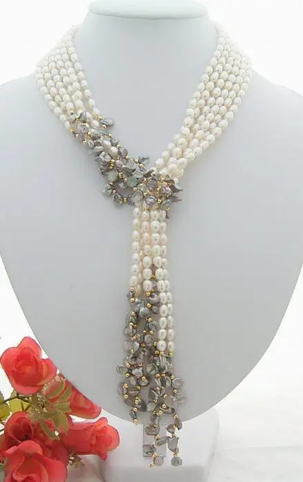 

3Strds 49" White Rice Pearl Grey Keshi Pearl Long Necklace