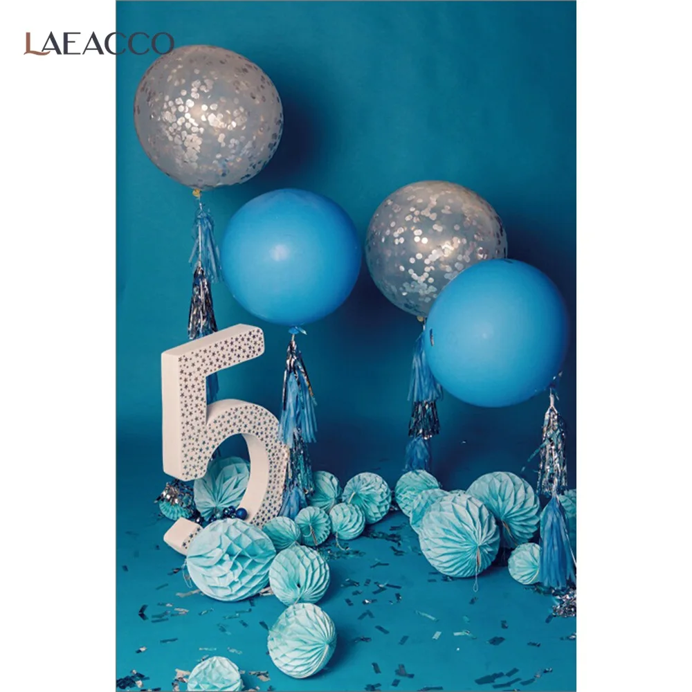 

Laeacco 5th Birthday Backdrops For Photography Blue Wall Balloons Paper Flowers Photo Backgrounds Baby Portrait Photocall Props