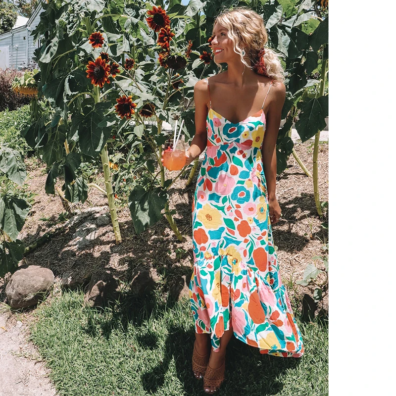 Платье женское длинное в стиле бохо вечернее пляжное с цветочным принтом сарафан