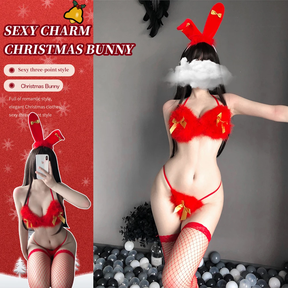 

Sexy Christmas Cosplay Costumes Cute Bunny Girl Lingerie For Women Three Point Hanging Neck Bra Set Passion Temptation Bikini