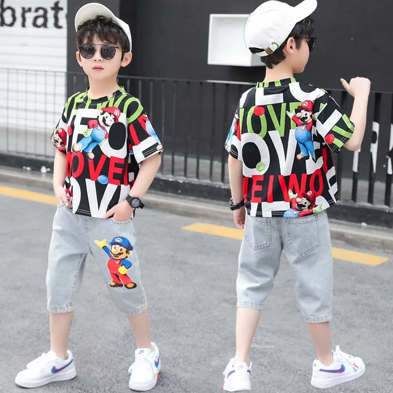 

2021 New Children's Summer Full-print Short-Sleeved Short-Sleeved Shorts Suit Big Children's Casual Wear Two-Piece Set