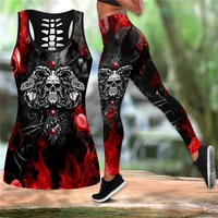 demon skull combo outfit leggings and hollow out tank top suit sexy yoga fitness soft legging summer women for girl