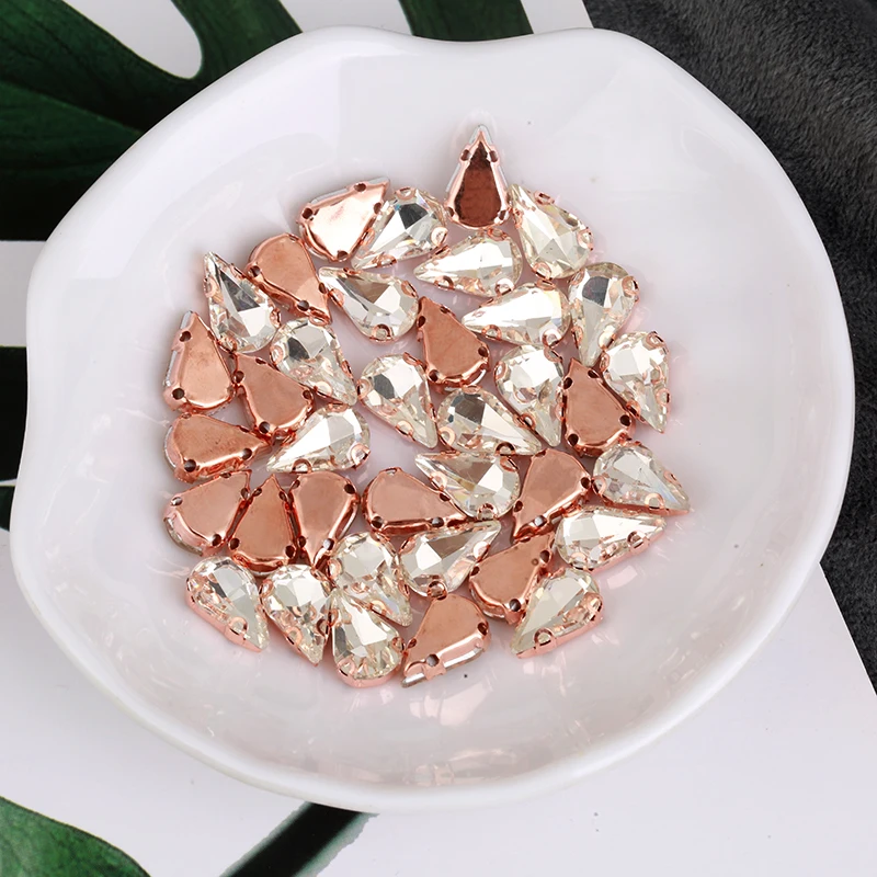 6x10mm 30pcs Rose Gold Claw Sew-on Glass Teardrop Stone DIY Sewing Rose Gold Crystal Rhinestones For Wedding Dress Accessories images - 6