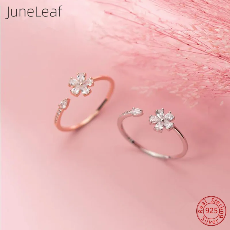 

JuneLeaf Real 925 Sterling Silver Pave Cubic Zirconia Five Petal Flower Ring for Women Romantic Wedding Luxury Chic Jewelry Gift