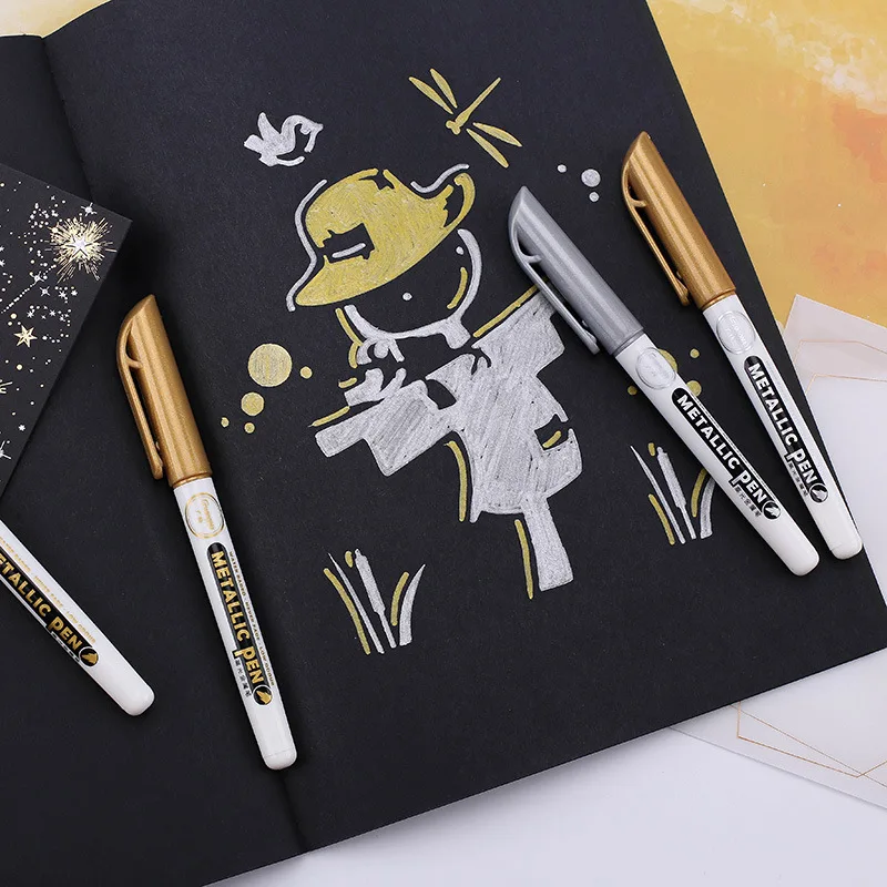 

2Pcs DIY Metal Waterproof Permanent Paint Marker Pens Gold Silver Student Supplies Graffiti Signature painting Craftwork Art Pen
