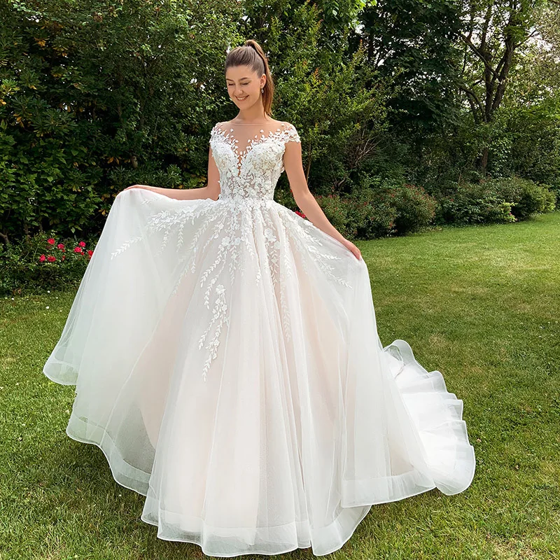 

Cap Sleeves Sexy Boho Lace Wedding Dress Sweep Train Open Back 2021 A Line Robe De Mariage White Bride Gowns