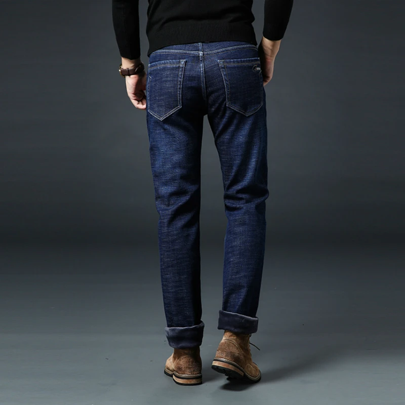 New Winter Warm Fleece Mens Jeans Thick Stretch Denim Jean Straight Male Brand Cotton Pants Men Plus Size 40 42 44 46 Elasticity