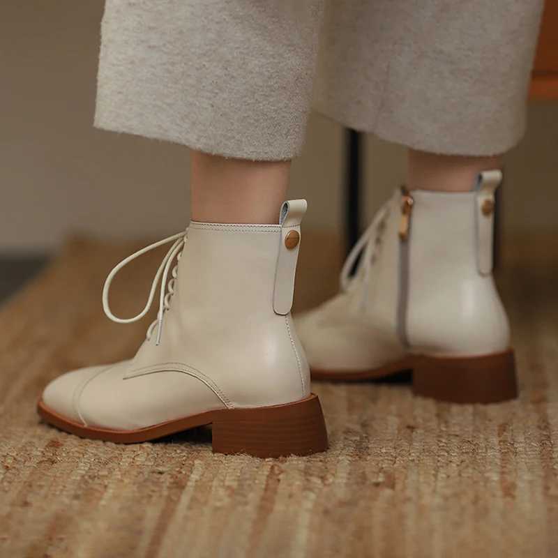 Jual Besar Ukuran 34-43 Musim Gugur Boots Wanita 2020 Kulit Asli Wanita Booties Renda Putih Musim Dingin Wanita Sepatu Bebas-Slip Gadis Martin Boot