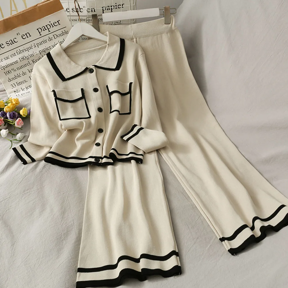 

Women Autumn Cardigan Wide leg Pants 2 Piece Set Knit Lapel Long Sleeve Single Breasted Sweaters Calf-length Pant Sets Elegant
