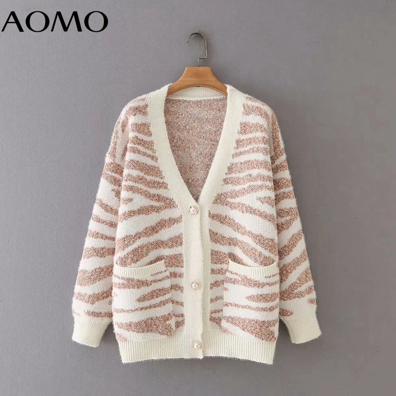 

AOMO Women Elegant Leopard Cardigan Vintage Jumper with Pocket 2021 Oversized Knitted Cardigan 3F38A