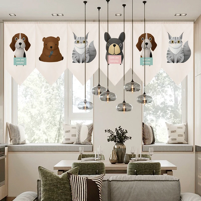 

Japanese Decorative Triangle Curtain Cute Cartoon Animal Linen Fabric Partition Short Curtain Kitchen Restaurant Custom Curtain