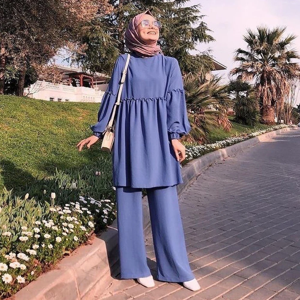 Muslim Ramadan Two Piece Set Women Sets Arab Turkey Islam Solid Tops and Long Pant Islamic Clothing Abaya Musulman Ensembles |