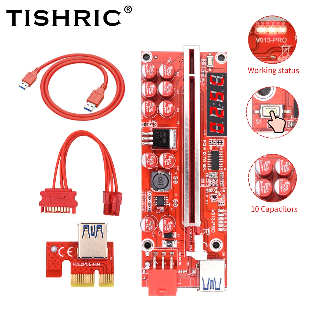 Подъемник TISHRIC PCIE Riser 013 Pro для видеокарты графического процессора Pci Express x16 USB3.0 6