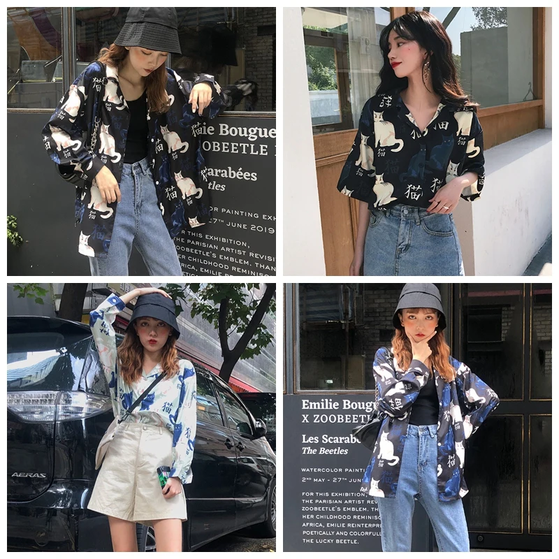 

SHIRT 2019 Korean version ins loose wild cat print short-sleeved shirt single size fashion trend shirt short-sleeved shirt