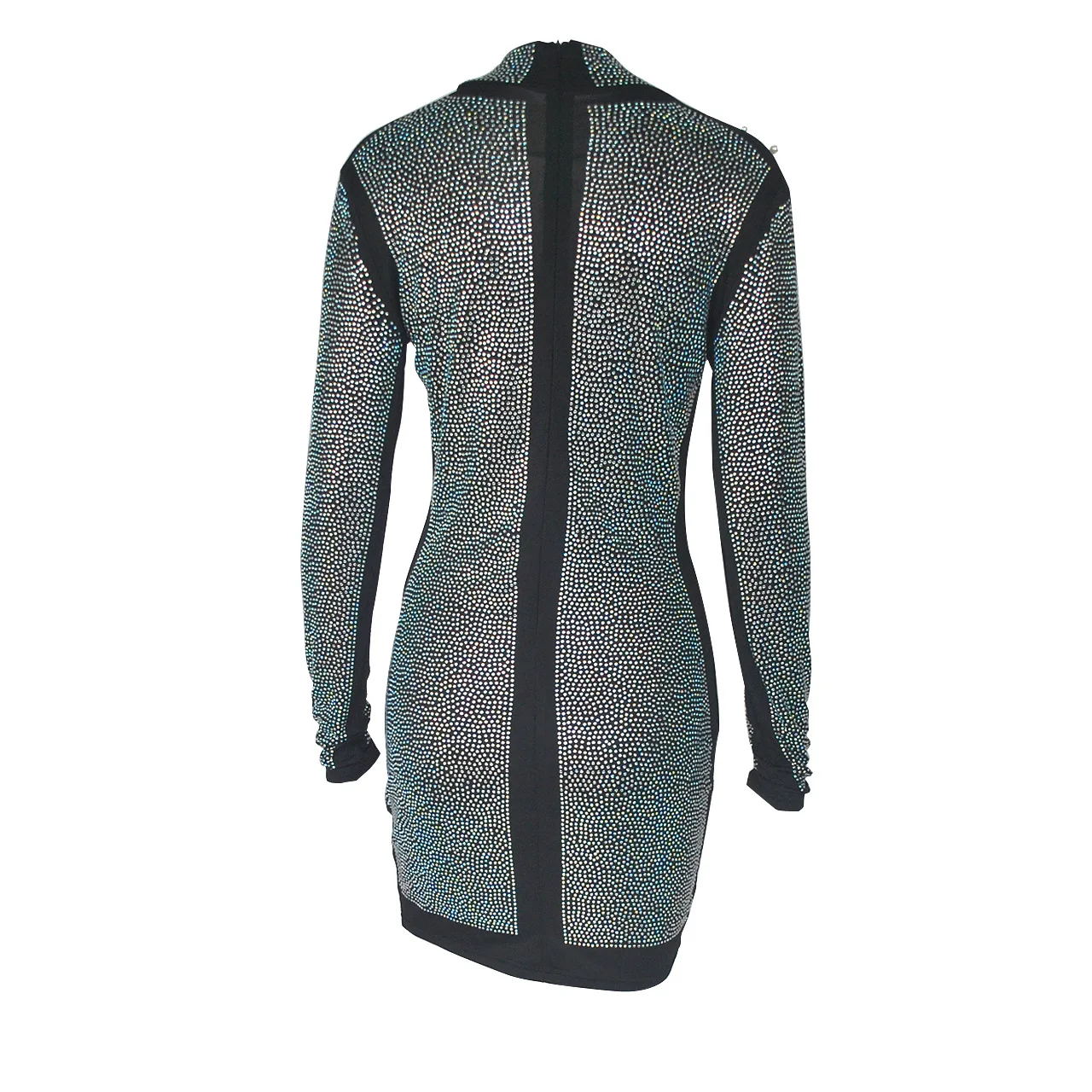 

Fashion Mesh Shiny Beading Splice Vestido Turtleneck Sexy Nightclub Diamonds Dresses Women Full Sleeve Slim Pencil Short Dress