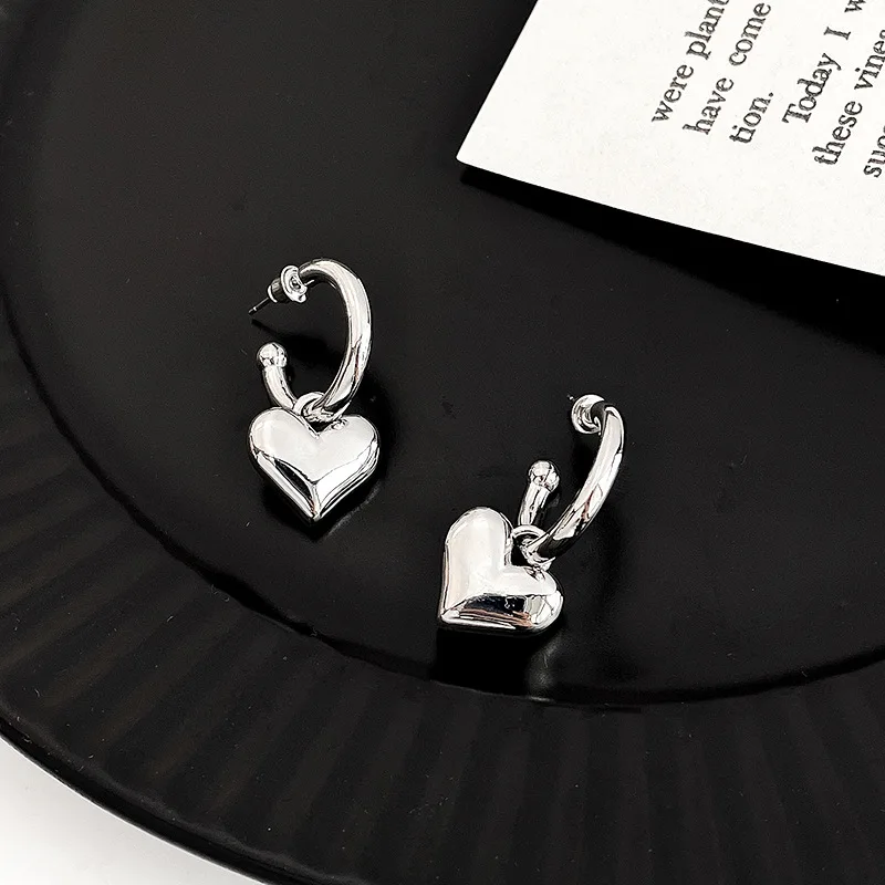 

Everyday Silver Color Alloy Love Heart Pendant Earrings for Women Girls Hollow Circle Titanium Steel Earrings Accessories