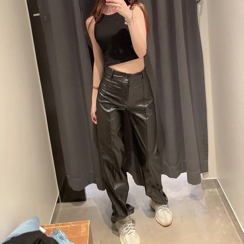 

Women's Chic Fashion High Waist Pants Retro Zipper Faux Leather Wide Leg Pants Women Loose Casual PU Pants Vestidos Mujer