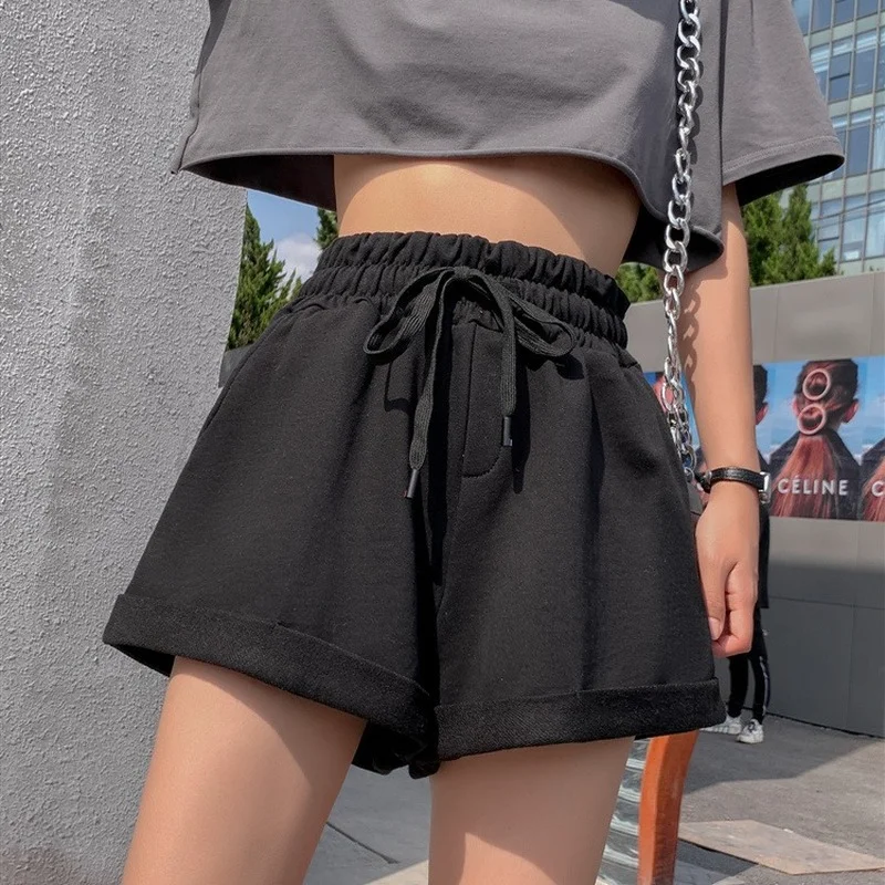 Шорты женские с завышенной талией серые Короткие штаны широкими штанинами и