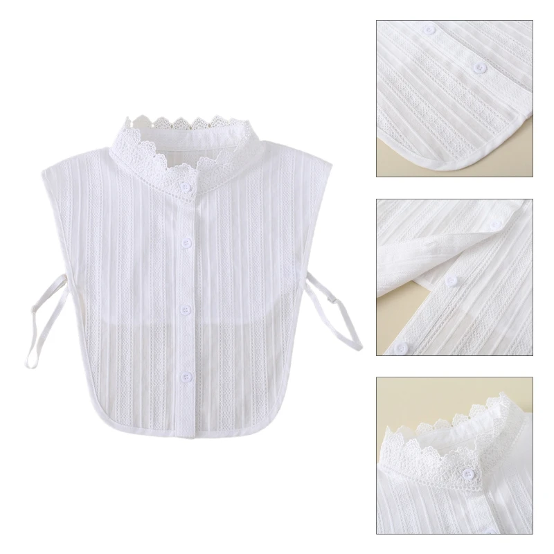 

Women Sweet Jacquard Striped Lace Half Shirt Blouse Button Down Detachable Ruffled False Fake Stand Collar Decorative Sw