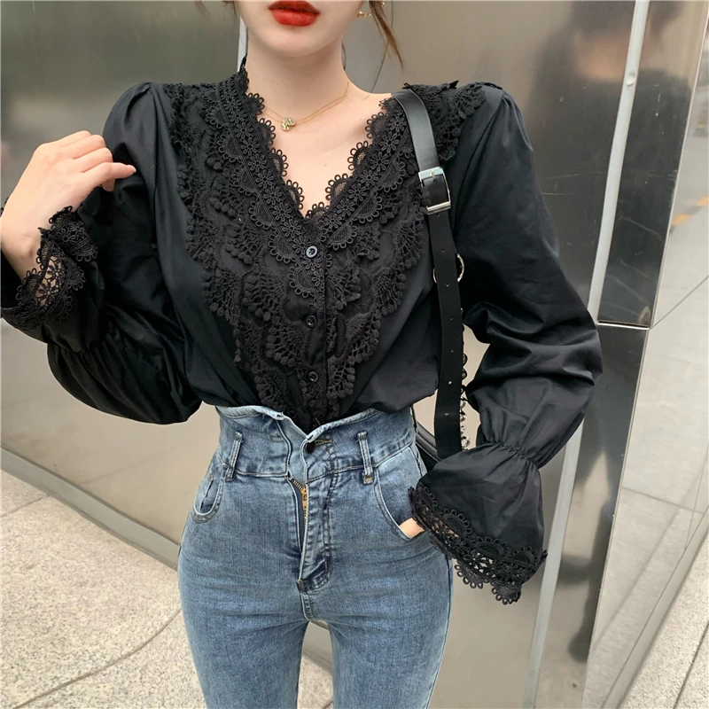 Женская блузка весна-осень милая кружевная рубашка с цветочным принтом