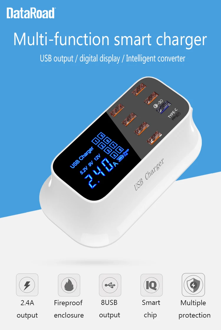 Дорожка данных 8-портовая зарядка USB и 1-портовая зарядка Type-C с LED-дисплеем для множественной зарядки мобильного телефона.