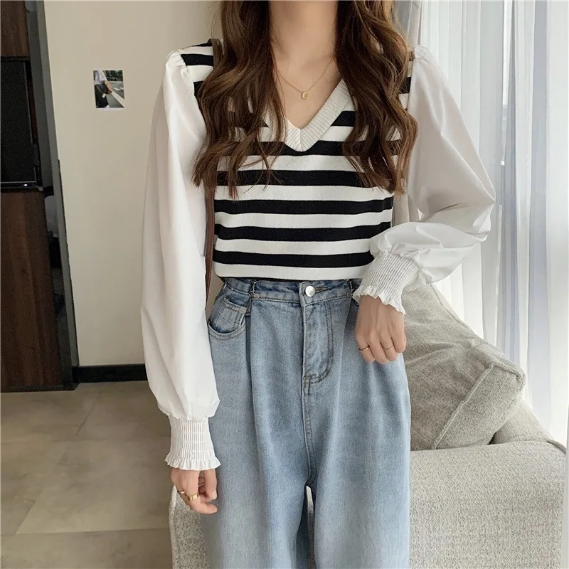 

Autumn New Korean Knitted Stitching Bubble Long Sleeve Sweater Women's Sweet Casual Top