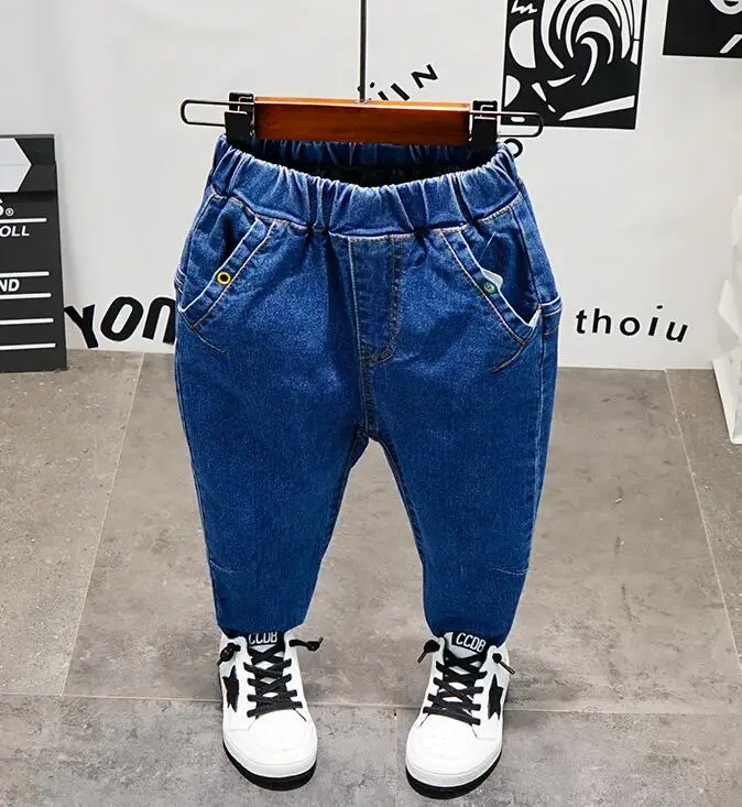 

Весенне-осенние детские джинсы модные синие джинсы для мальчиков и девочек детские джинсы для мальчиков, повседневные джинсовые штаны Высо...