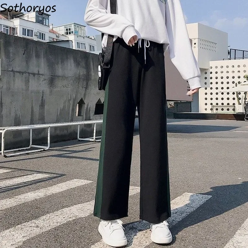 

Casual Pants Women Wide Leg High Waist Loose Striped Drawstring Straight Leisure All-match Korean Style Autumn New Female Ins
