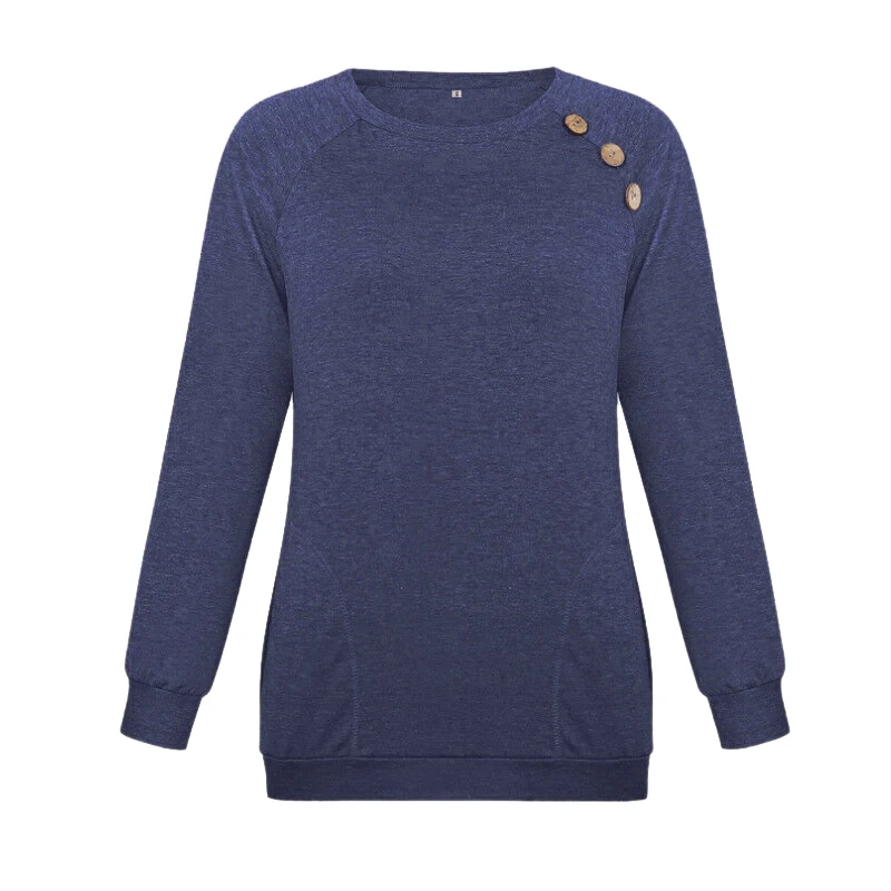 

Spring Woman Solid Button Pocket Tee Tops Womens Long Sleeve Pullover T Shirt Autumn Ladies Casual Crew Neck Loose Tunic Tops