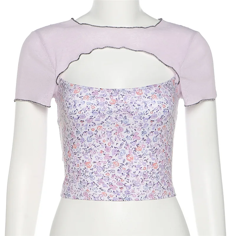 

Slim Blouse Ladies Collage T-Shirt Sexy Floral Round Neck Hollow Short Sleeve Casual Top Beach Street Clothing Fashion Clothes