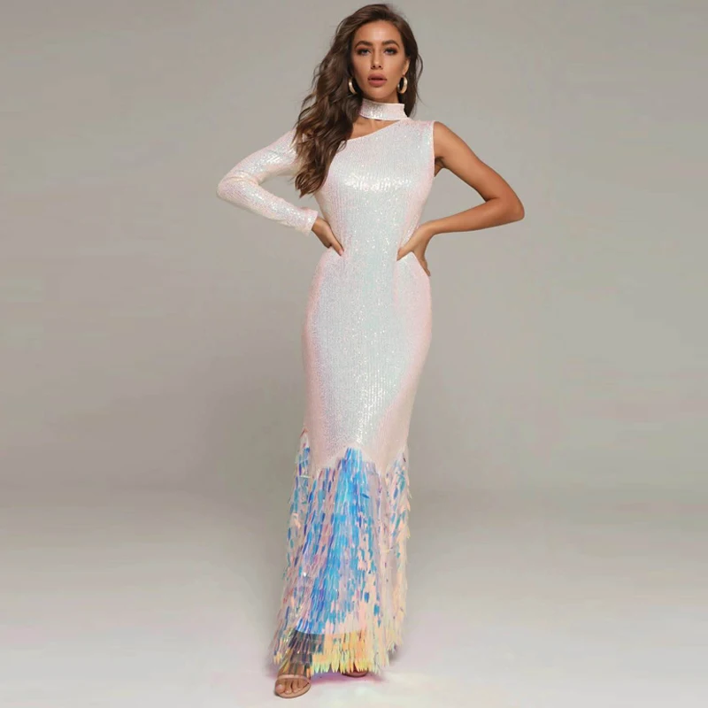 Платье макси для женщин вечернее платье расшитое блестками на одно плечо длинное