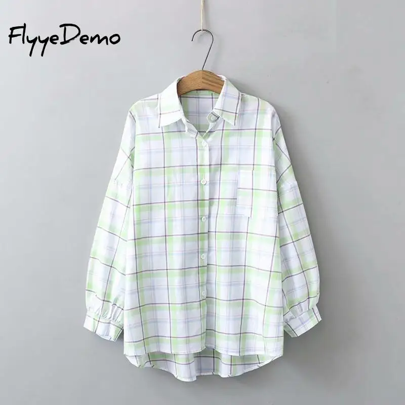 Размера плюс 2020 Сезон весна-осень Топы в клетку рубашки женские блузки рубашка