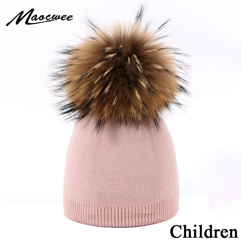 Children's Knit Hexagonal Watermelon Beanie Hat Raccoon Fur Pom Pom Winter Hat Boy Girl Warm Skullies Bone Kids Baby Soft Cap