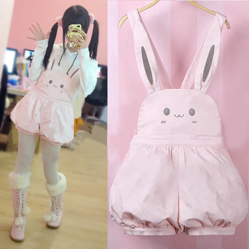 

Pink Kawaii Overalls Girl Spring Rompers Cute Bunny Lantern Shorts Lolita Palysuits Kawaii Rabbit Bow Suspender Strap Jumpsuit