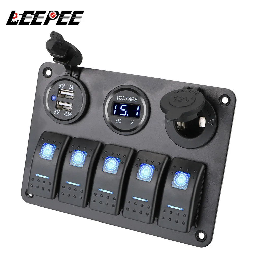 

LEEPEE With Fuse Waterproof USB Chargers Socket 12V 24V Light Toggle Buttons 5 Gang LED Rocker Switch Panel Boat Digital Voltage