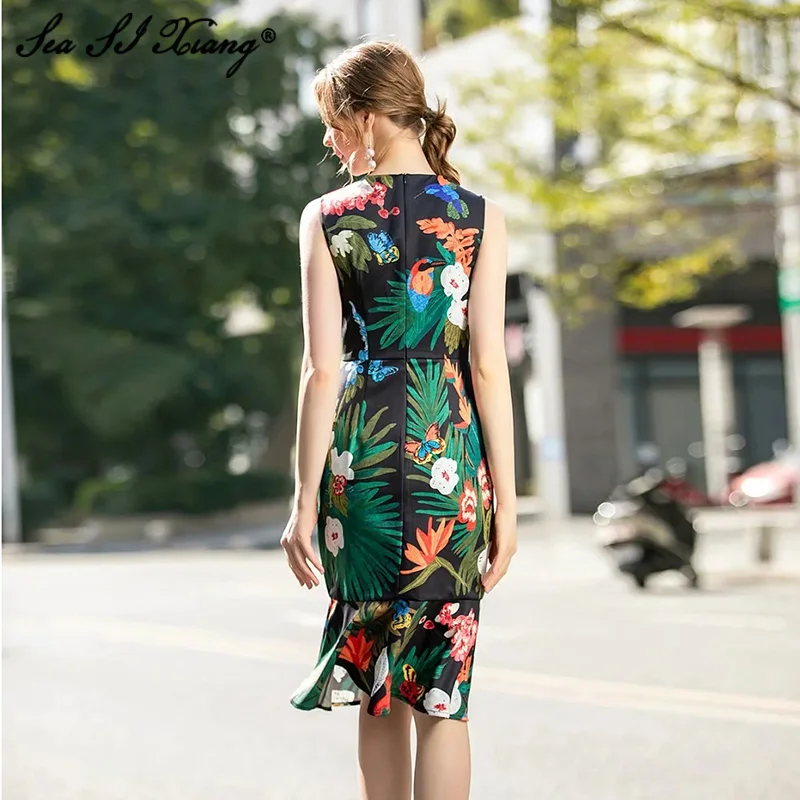 

Seasixiang Runway Summer Party Dresses Mermaid Female Vintage Black Parrot Flower Print Vestdios Sleeveless Elegant Dress