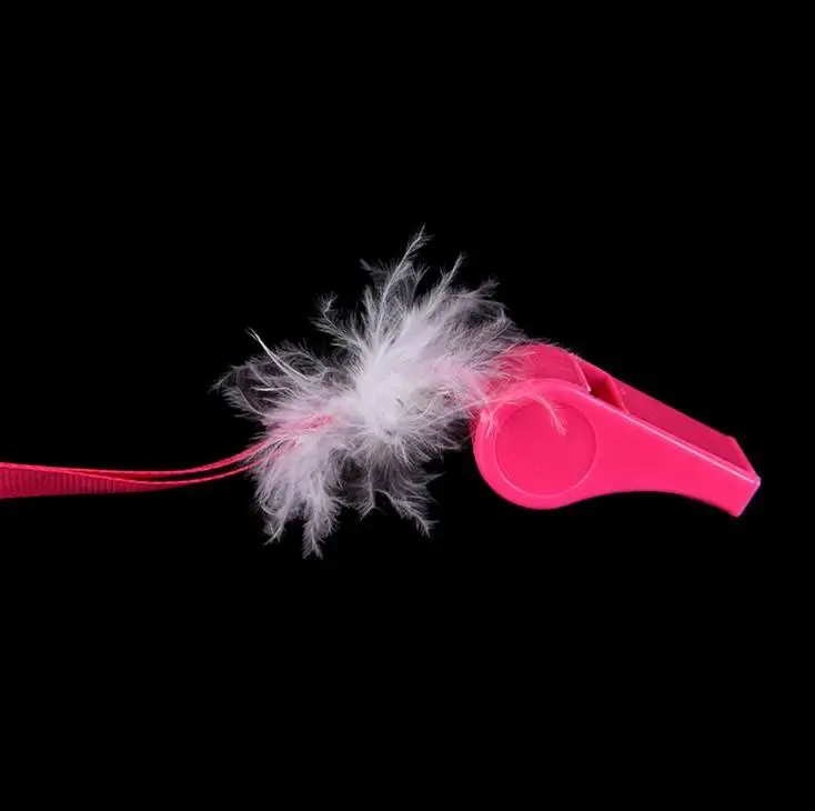

Hot Pink Plastic Whistles with Threaded Strap Hen Party Fashion White Feathers Whistling for Festival Decor Wholesale