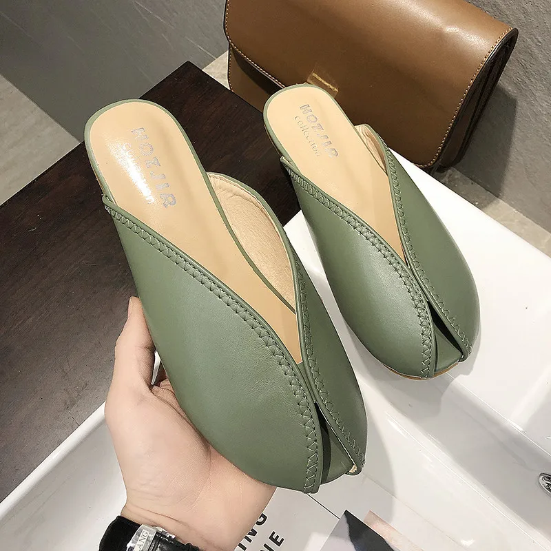 

Female Shoes Cover Toe Slippers Soft Slides Fashion Mules For Women 2021 Loafers New Comfort Luxury Flat Rome PU Basic Loafers S