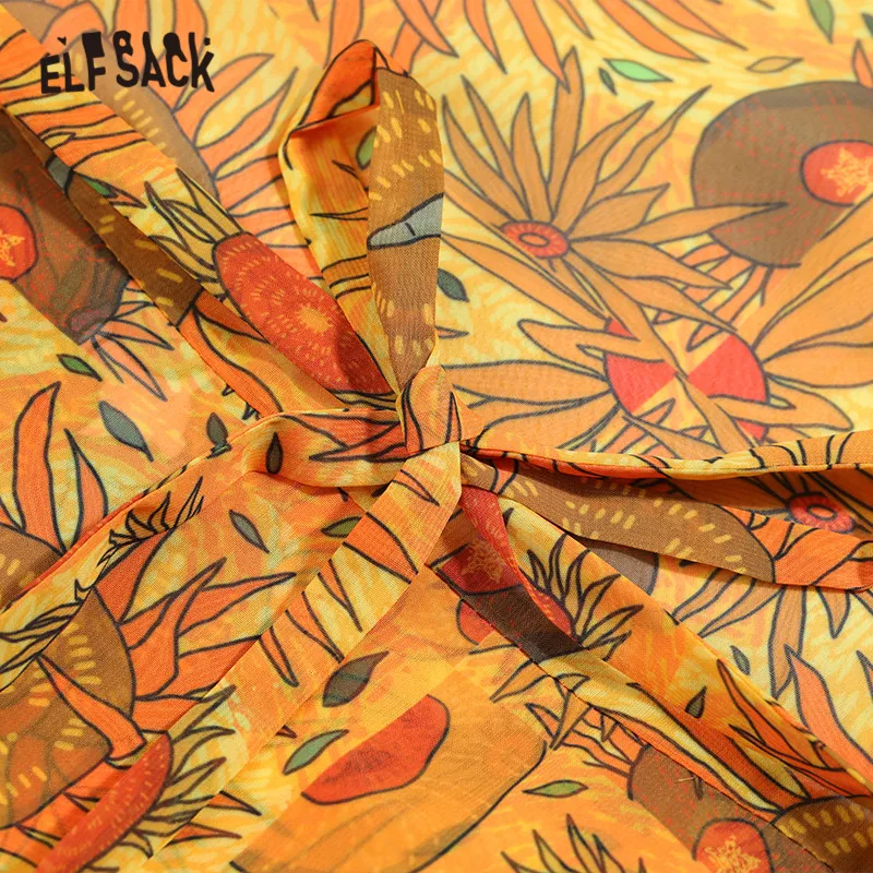 

ELFSACK Black Floral Double Ruffles Casual Chiffon Flare Dresses Women 2020 Spring Vintage Belt Korean Ladeis Holiday Slip Dress