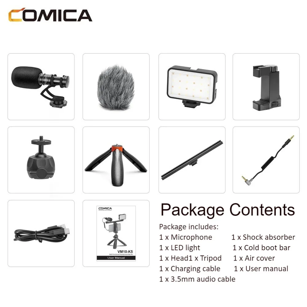 

Comica CVM-VM10-K5 Smartphone Video Kit with LED Light Cardioid Shotgun Microphone Tripod Multifunction Vlog Kit for Phones