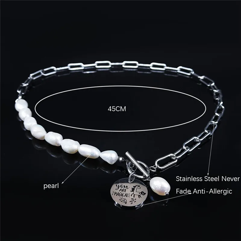 

You are Magical Unicorn Natural Freshwater Pearl Stainless Steel Statement Necklace Jewelry collar acero inoxidable N3718S01