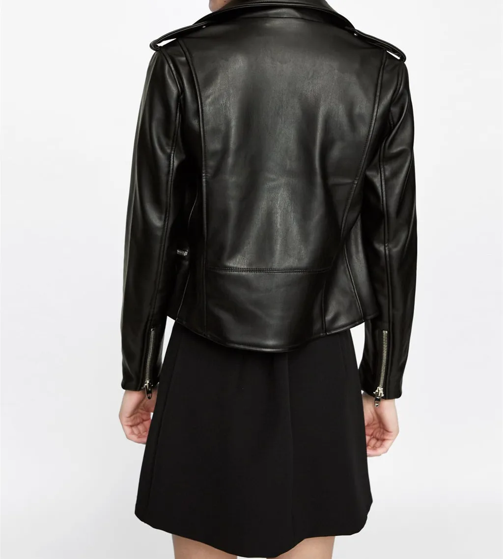 

2021 New Hit Spring Autumn Fashion Black High Street PU Leather Coat Jacket for Women 119