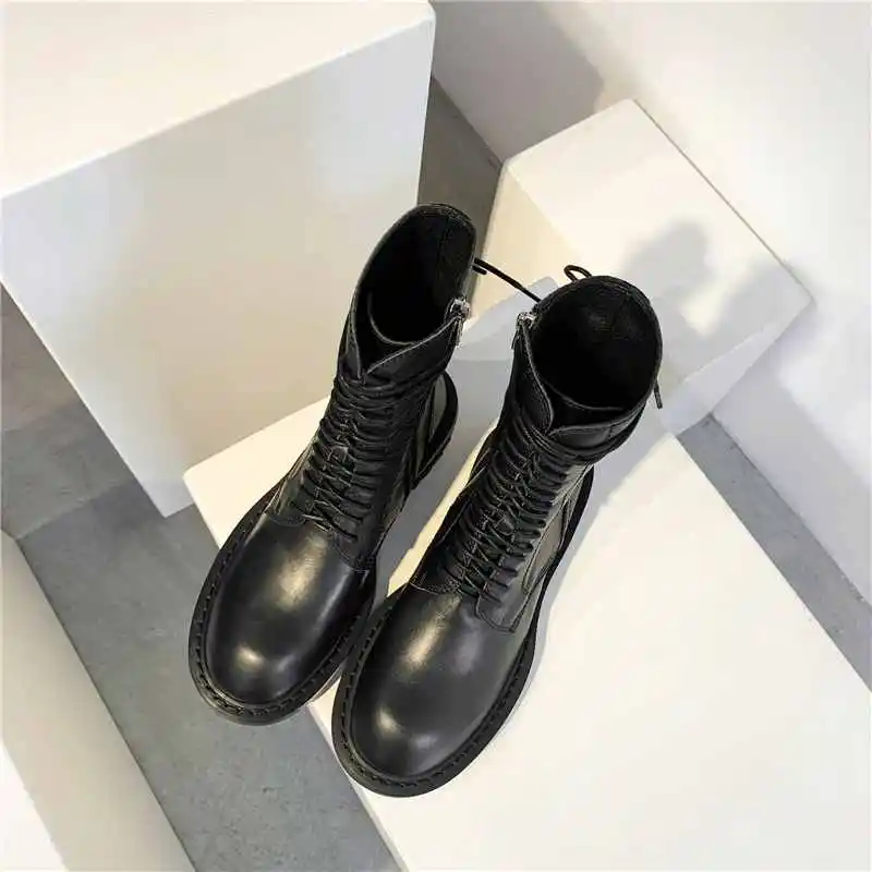 Harga Lenkisen Panas Merek Fashion Kulit Asli Boots Round Toe Med Sepatu Hak Musim Dingin Sederhana Renda Hitam Atau Netral Mengenai Saham Hangat Pertengahan Betis Boots L68